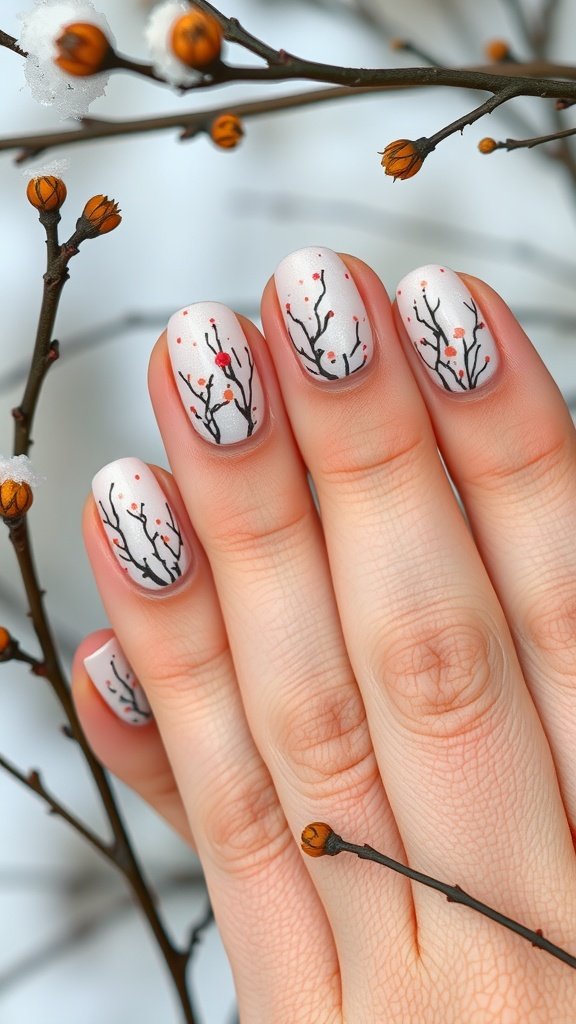 Winter nail design featuring tree branch motifs on a light background.