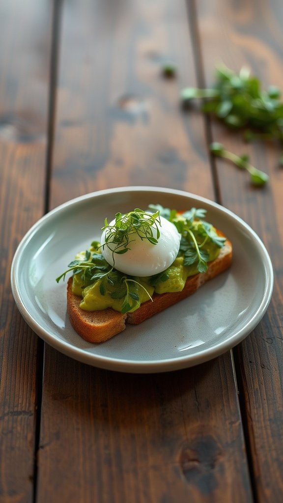 A slice of toast topped with mashed avocado and a poached egg, garnished with herbs.