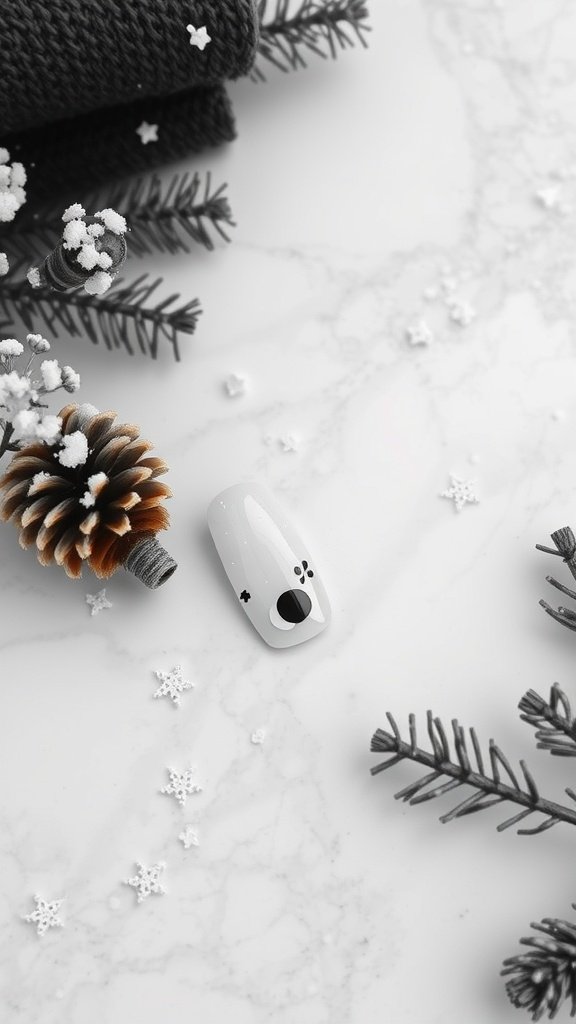 Black and white minimalist winter nail design with pinecones and snowflakes