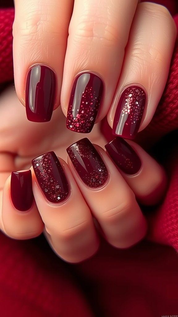 Burgundy nails with glitter accents, showcasing a stylish winter nail design.