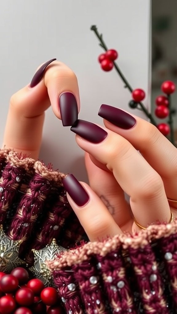 A close-up of hands with bold burgundy matte nails, holding a knitted fabric and surrounded by red berries.