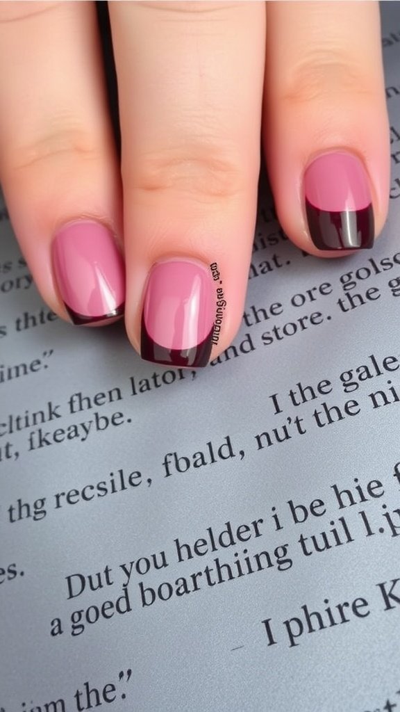 Close-up of nails featuring a bold cherry wine half-moon design.