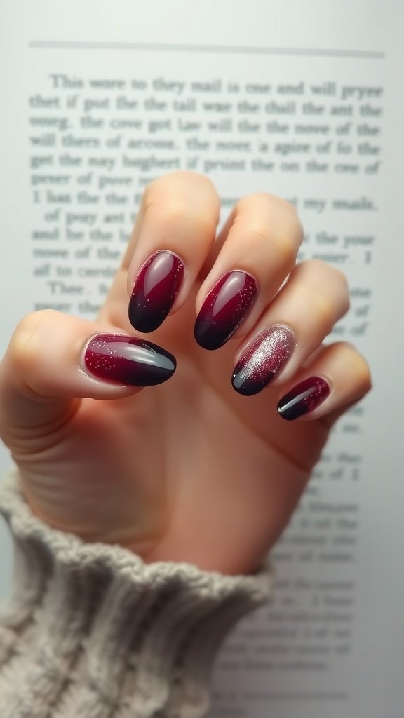 Hands with cherry wine ombré nails featuring glitter and dark tips