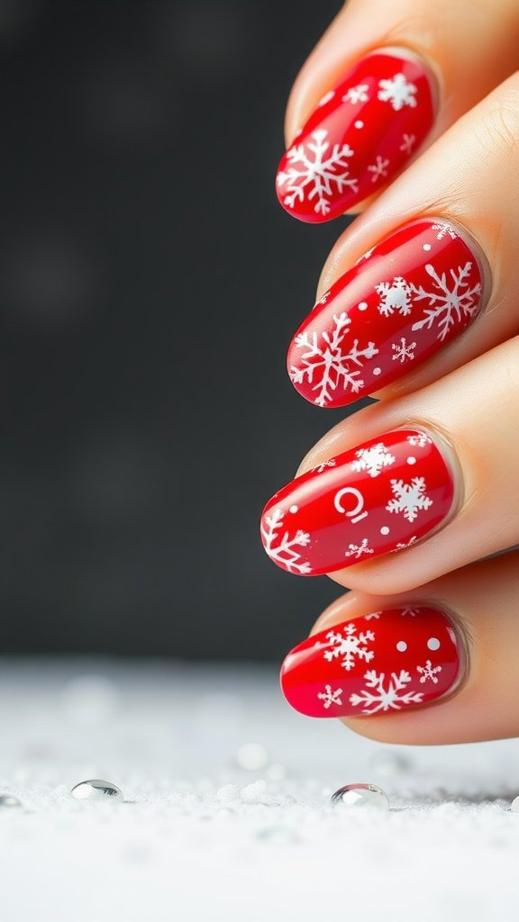 Close-up of bold red nails with white snowflake designs.