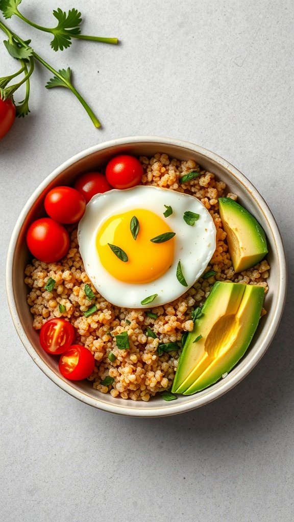 A healthy breakfast quinoa bowl with a sunny-side-up egg, cherry tomatoes, and avocado.