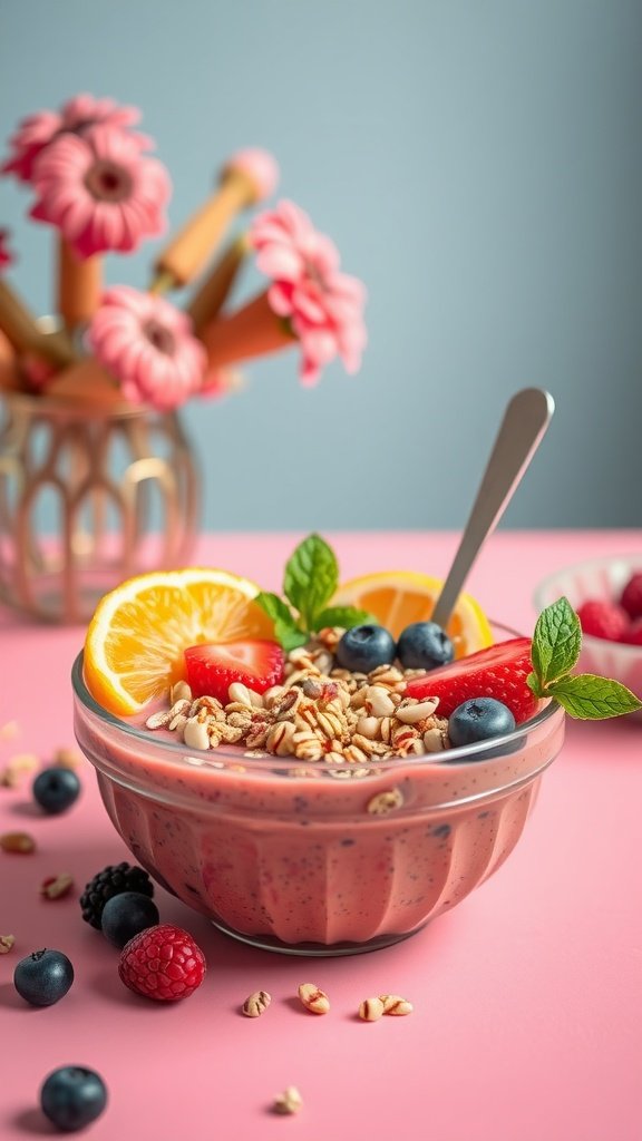 A colorful smoothie bowl topped with fruits and granola.