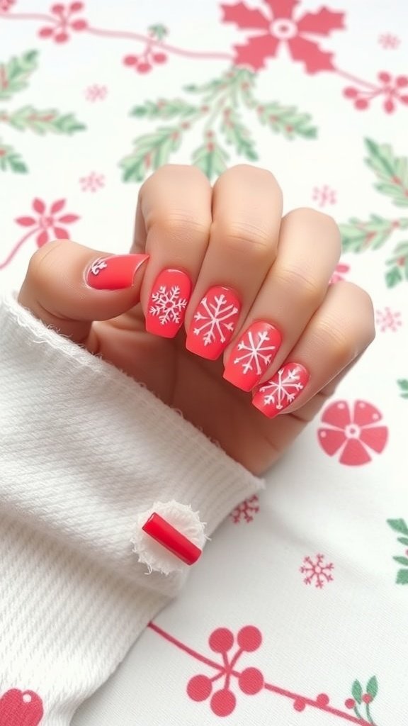 Bright coral nails with white snowflake designs