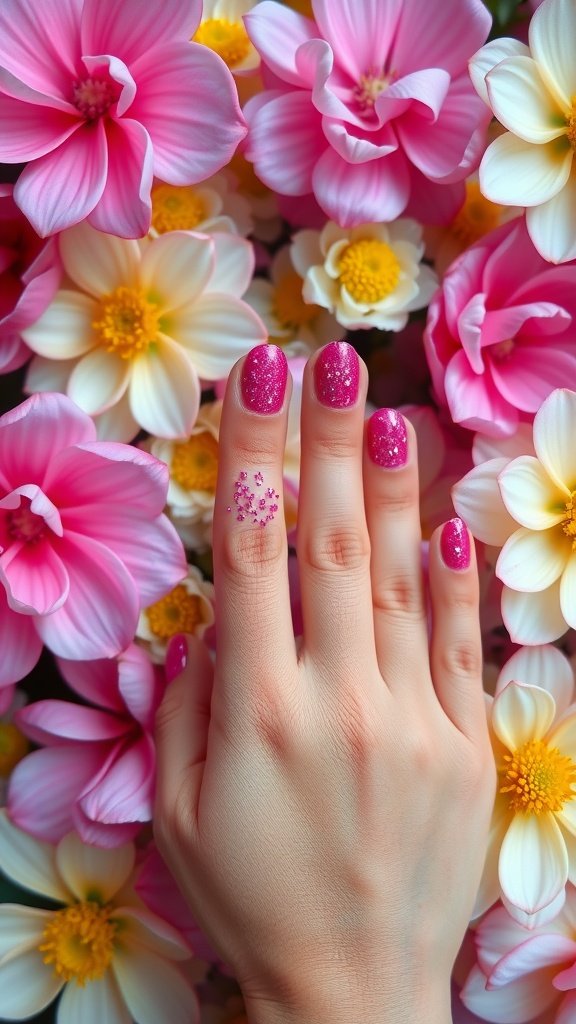 Bright pink glitter nail design surrounded by flowers