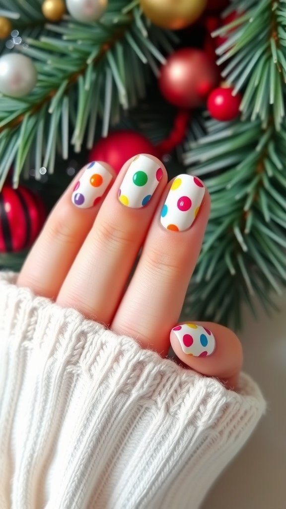 Close-up of nails painted bright white with colorful dots, surrounded by festive decorations.