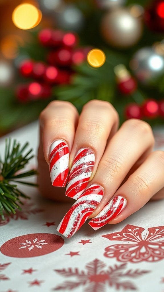 Nail design featuring red and white candy cane stripes with glitter accents