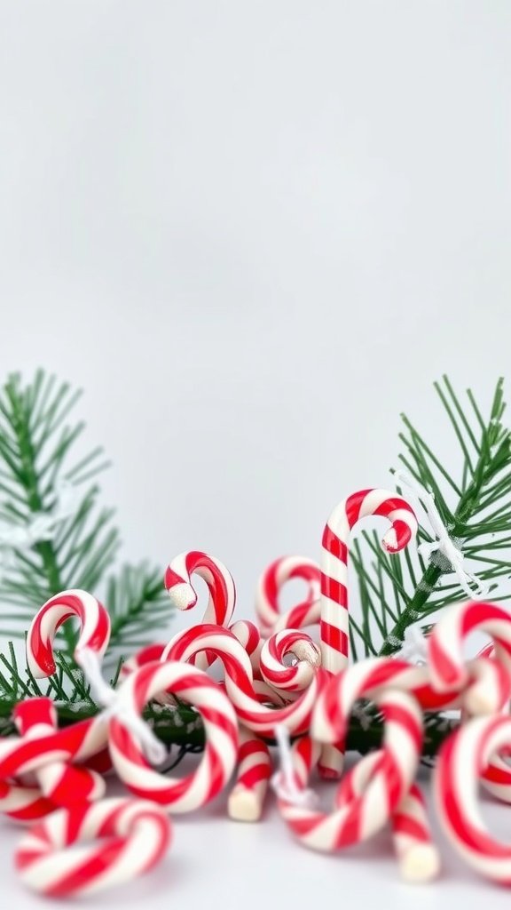 A collection of red and white candy canes surrounded by green pine branches.