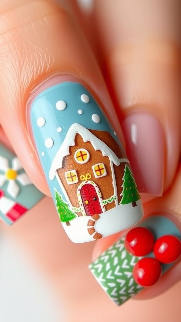 Nail design featuring a charming gingerbread house with snow and Christmas trees.