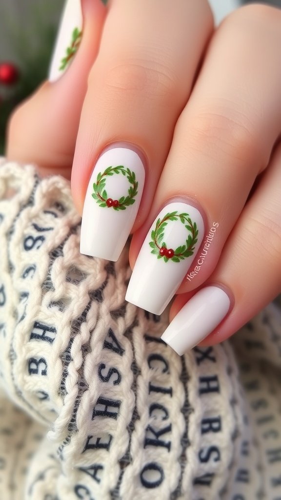 Nails adorned with holiday wreath designs on a white background, featuring red berries and green leaves.