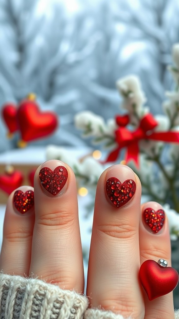 Close-up of hands with red glitter heart nail designs against a wintery background.