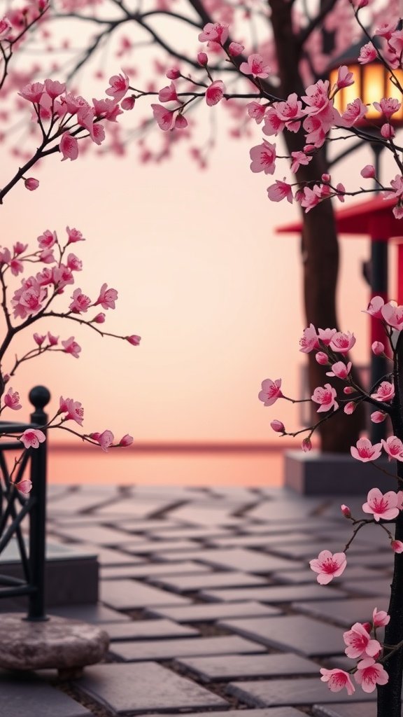 A serene scene with pink cherry blossoms in a tranquil setting.