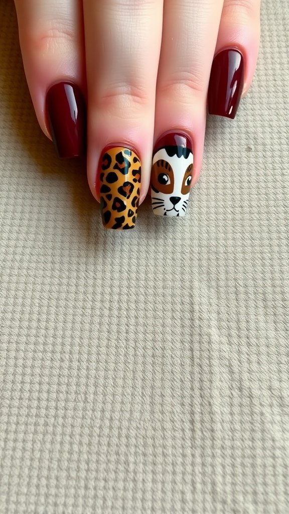 Cherry wine nails with animal print design