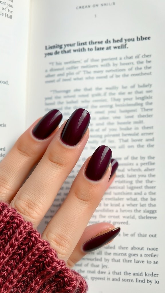 A hand showing off cherry wine nails contrasted with black accents, resting on an open book.