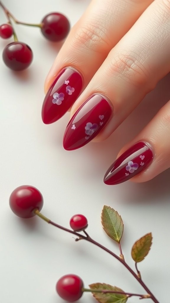 A hand with cherry wine nails adorned with small floral designs, surrounded by cherries.