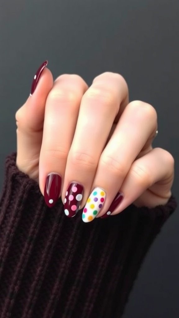 Close-up of hands showing cherry wine nail design with gradient dots