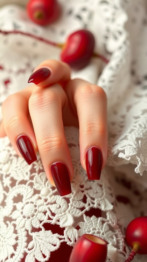 A close-up of manicured cherry wine nails resting on a lace fabric with small red cherries in the background.