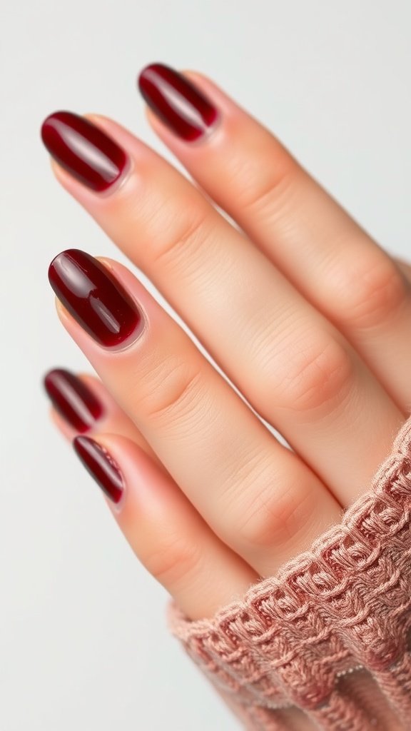 Close-up of hands with cherry wine nails and a textured sweater.