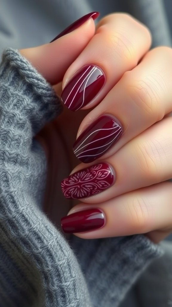 Nail design featuring cherry wine color with line art and floral patterns.