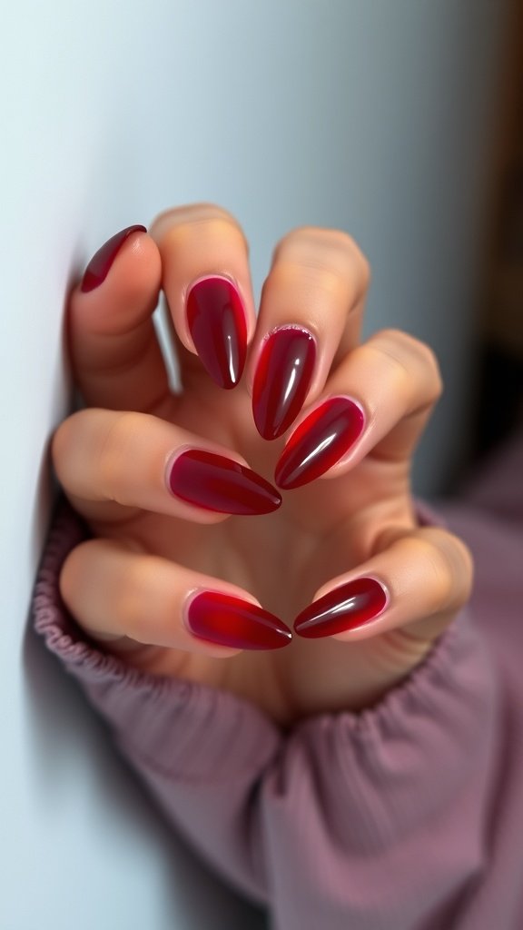 Close-up of hands with cherry wine nails featuring neon accents.