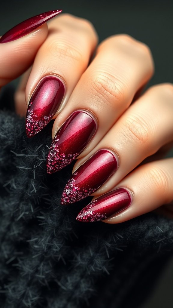 Close-up of cherry wine nails featuring ombre glitter.