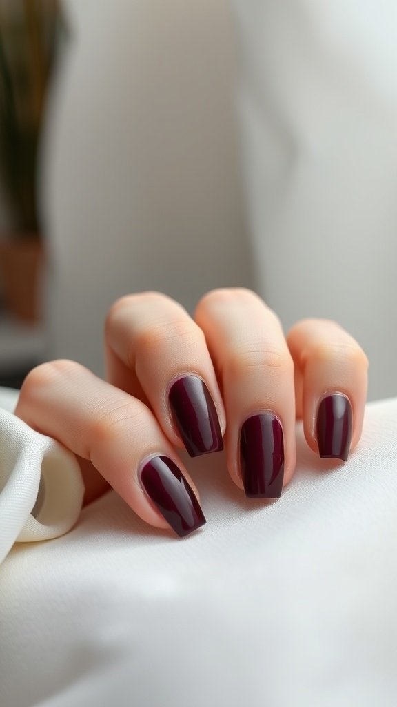 A hand with cherry wine colored nails featuring a satin finish