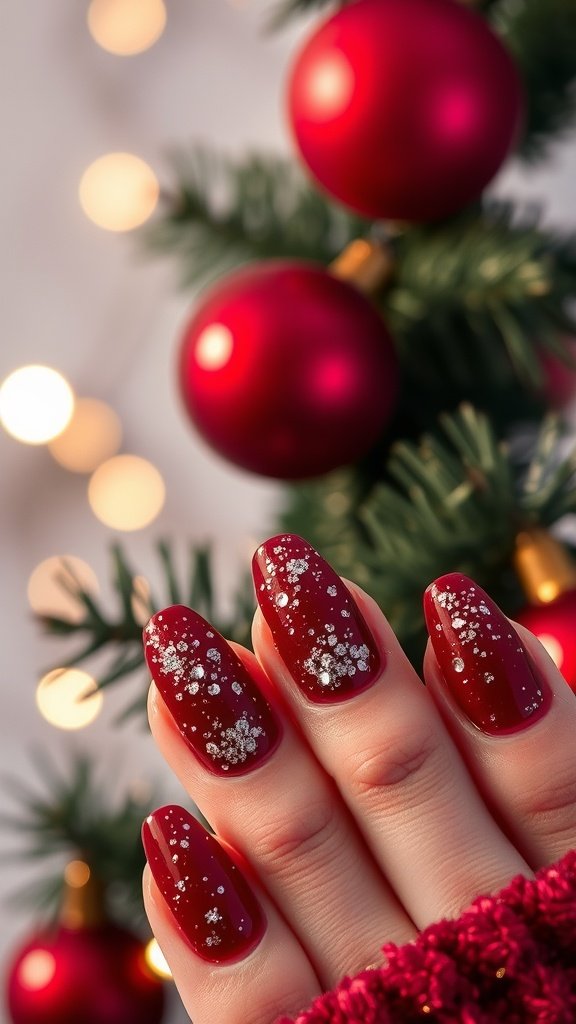 A hand showing cherry wine colored nails with silver glitter, surrounded by holiday decorations.