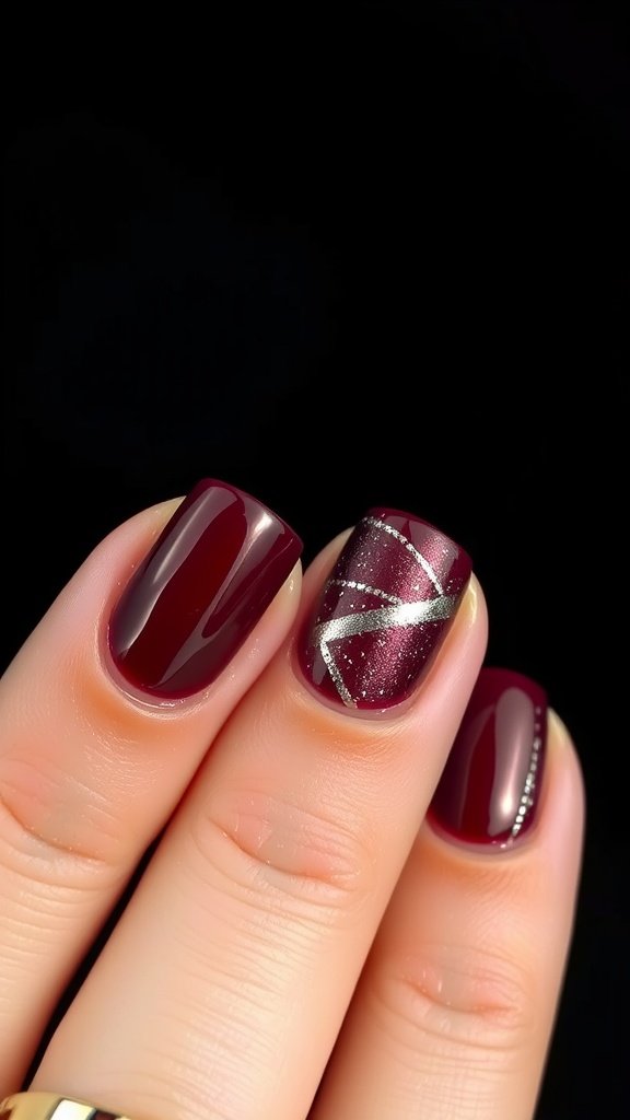 Nail design featuring cherry wine color with silver streaks