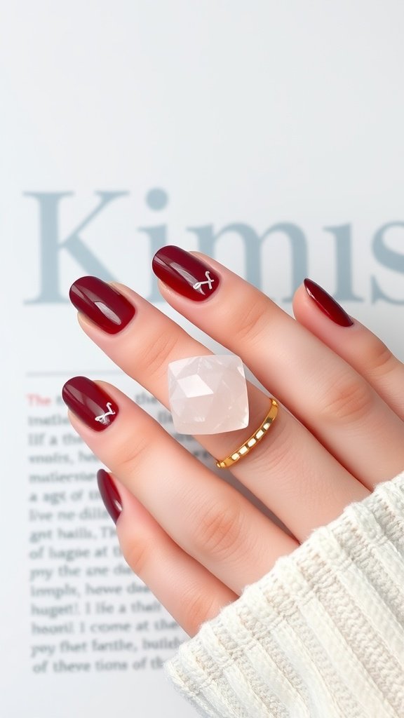 A hand showing cherry wine nails with white accents, wearing a gold ring, next to a cozy sweater.