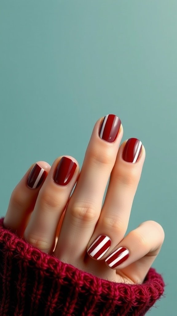 Nails painted in cherry wine color with white stripes on some fingers, against a soft blue background.