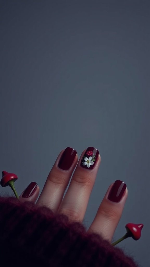 Cherry wine nails with floral accents