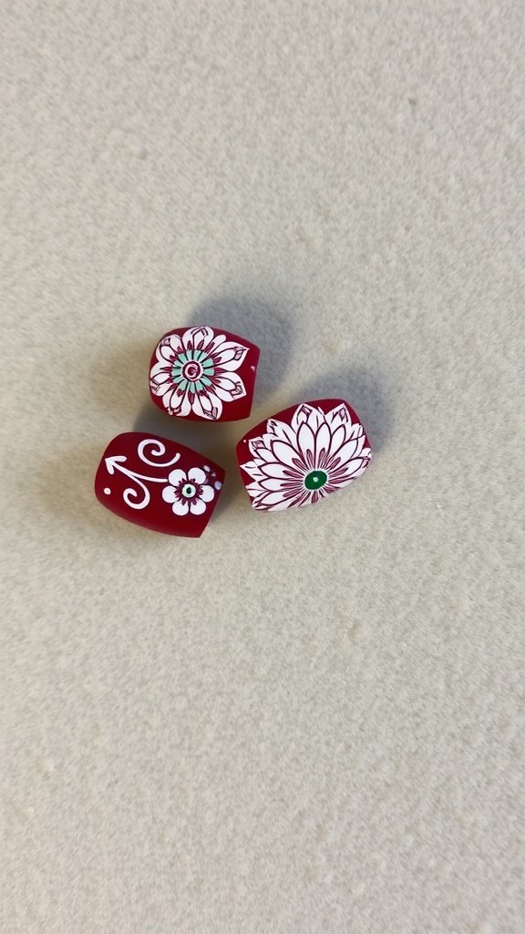 Cherry wine nail designs with floral patterns in red and white