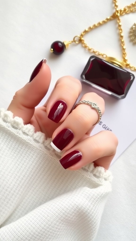 Close-up of cherry wine French tip nails with white tips and accessories