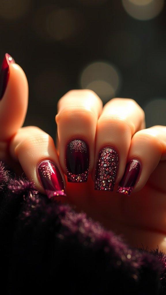 Close-up of cherry wine nails with glitter accents