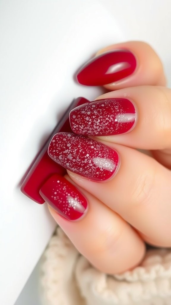 Close-up of cherry wine glitter gradient nails with sparkles.