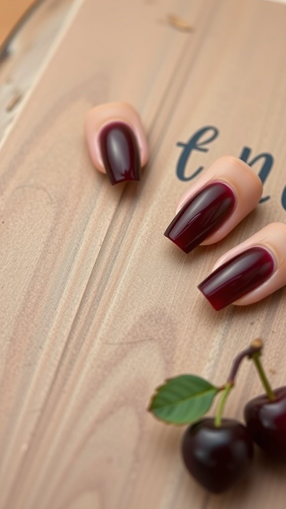 Cherry wine half-moon nails on a wooden background with cherries.