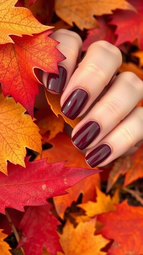 Close-up of hands with cherry wine nail polish resting on colorful autumn leaves.