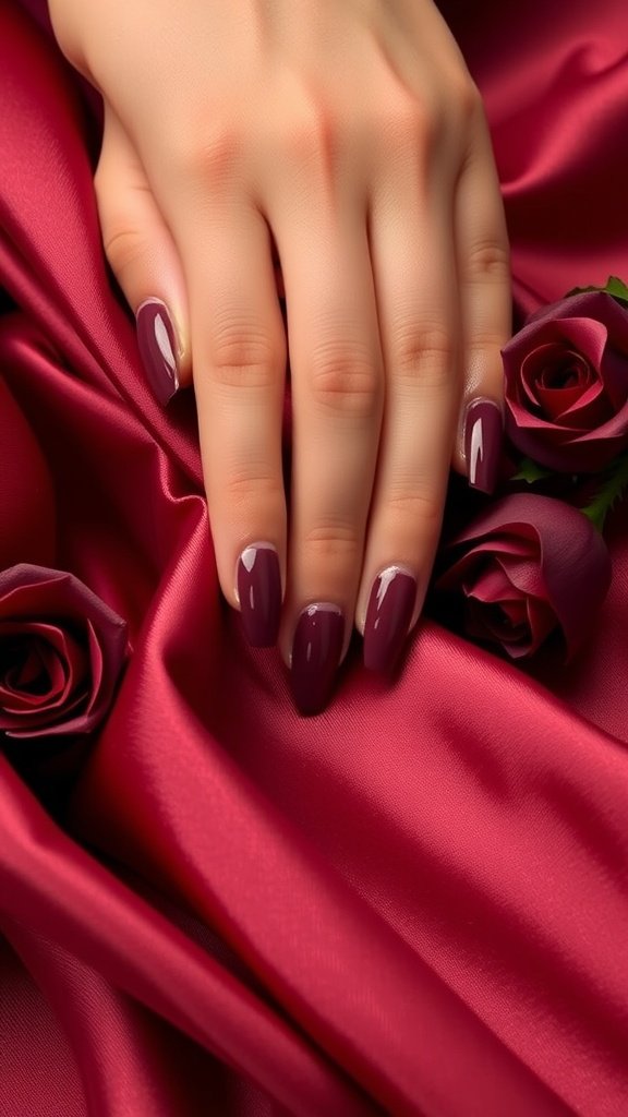 Hand with cherry wine nail polish resting on red satin fabric with roses.