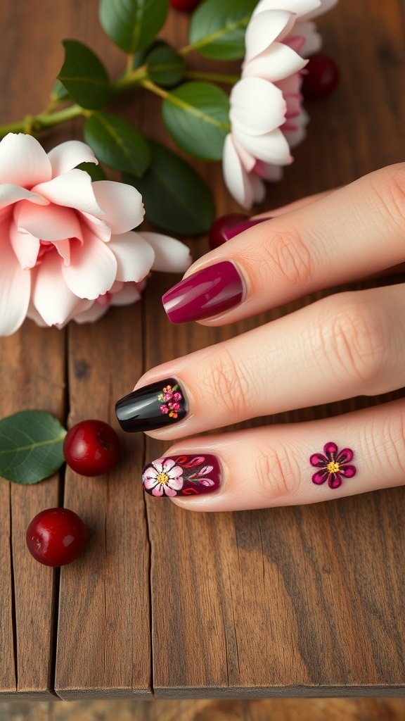 Stylish cherry wine nails with floral art designs, complemented by fresh flowers and cherries.