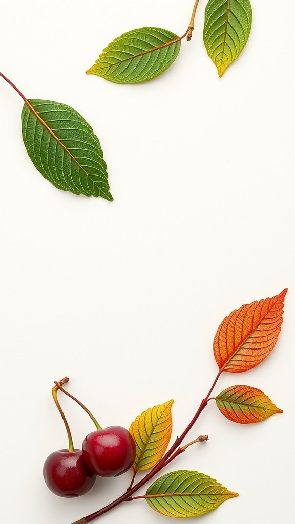 Cherry wine nails featuring red shades with green and orange leaf motifs.