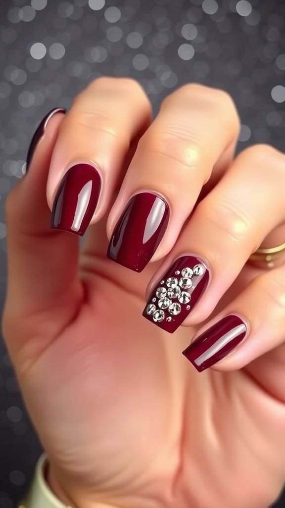 A hand showing cherry wine nails with rhinestones, showcasing a rich burgundy color.