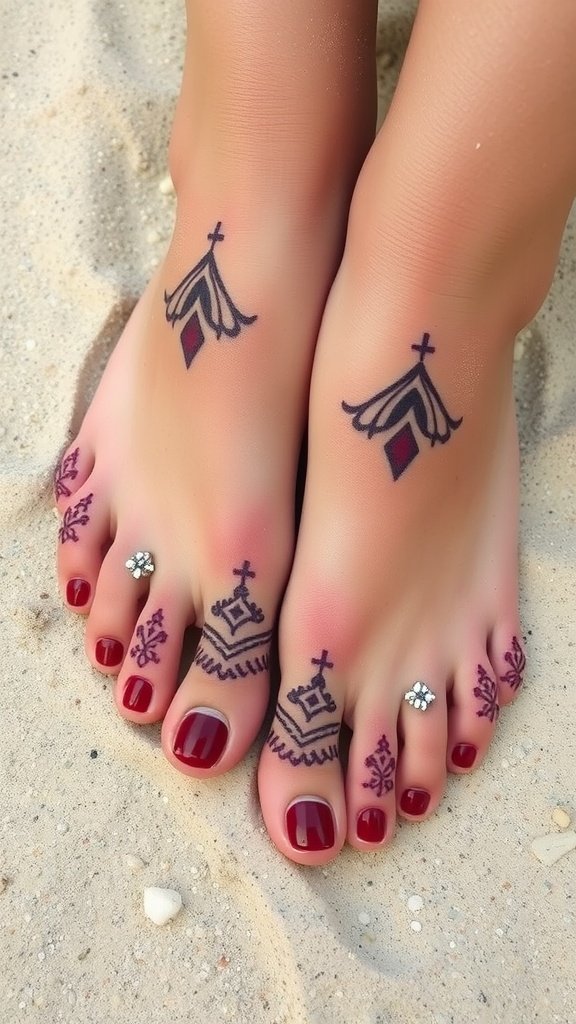 A pair of feet with cherry wine colored toenails and intricate designs on the skin.