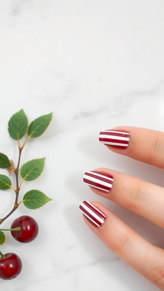 Nail design featuring cherry wine color with white stripes next to cherries and green leaves.