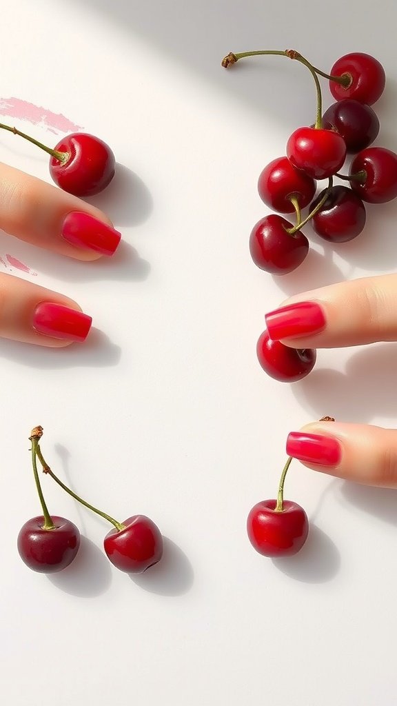 Close-up of hands with cherry wine nails and fresh cherries.