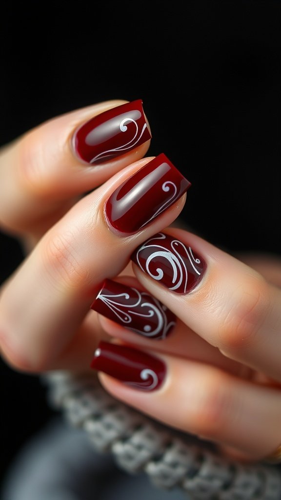 Close-up of hands showing cherry wine colored nails with artistic white swirls