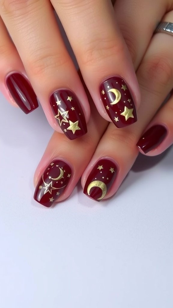 Cherry wine nail design featuring celestial themes with stars and moons