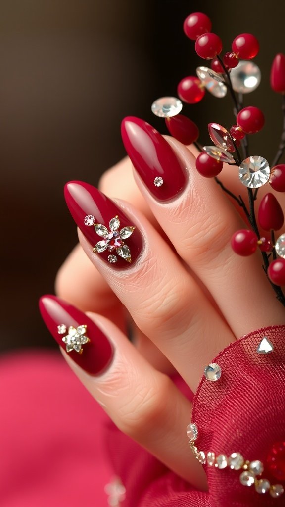 A close-up of cherry wine nails featuring crystal accents, set against a soft red background.